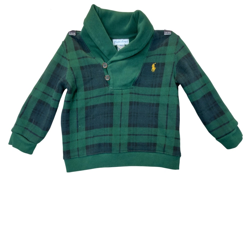 Ralph Lauren Toddler Boys Green Blackwatch Plaid Shawl Collar Sweatshirt 18M